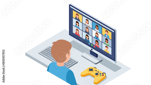Virtual meeting with friends on computer screen: isometric view of online video call in casual setting