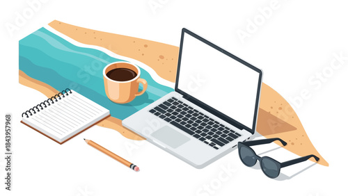 Cozy beach workspace with laptop, coffee, and accessories in isometric style