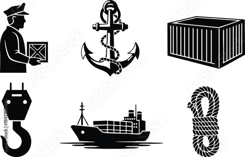 Flat design shipping and maritime icon set with customs officer holding package anchor container crane hook mooring rope and cargo ship side view black silhouettes isolated