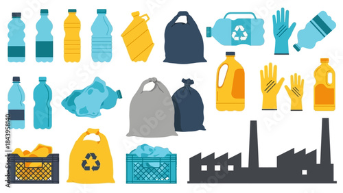 Eco-friendly recycling symbols and factory silhouette in flat style