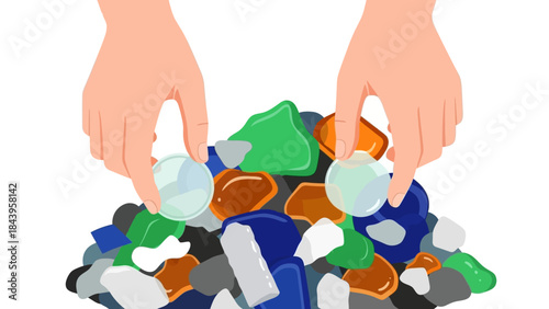 Hands sorting vibrant colorful sea glass shards on white background