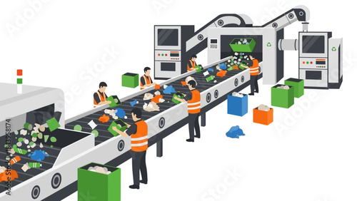 Automated recycling conveyer with workers sorting waste in isometric style