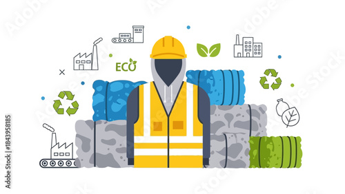 Eco-friendly recycling concept with worker and industrial icons in modern flat style