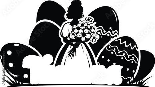 Flat vector silhouette close up bride holding bouquet in front of decorated easter eggs with grass background wedding theme minimal monochrome graphic artwork seasonal spring greeting