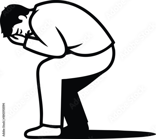 Line art side view man crouching on low stool head in hands looking down isolated black and white high contrast minimal shadow beneath figure somber mood