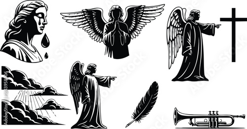 Tattoo flash woodcut style close up collection of mourning woman angel with tears winged cherub trumpeter cross feather and waterfall landscape high contrast silhouette ornamental vector