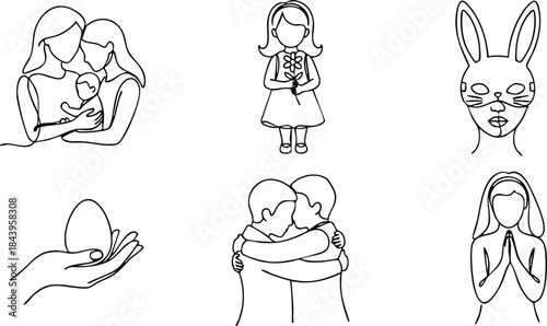 Line art icon set six family easter symbols including mother holding baby girl with bouquet bunny mask hand holding egg two people hugging praying woman outline