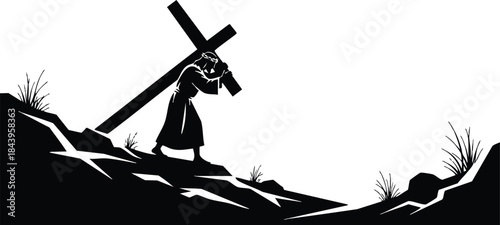 Minimalist silhouette vector of jesus christ carrying a wooden cross uphill looking down wearing a cloak walking in rough terrain high contrast backlit good friday scene