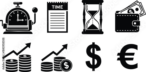 Flat design close up set of finance icons showing cash register time card hourglass wallet and growing coin stacks with dollar and euro symbols minimal monochrome