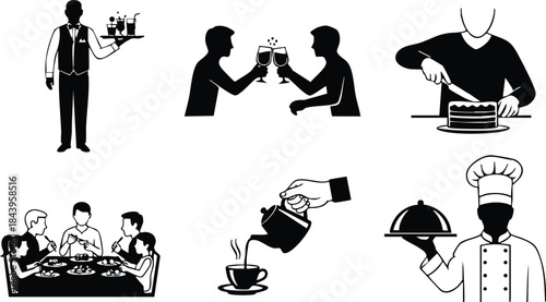 Flat design restaurant icon set black silhouettes waiter with tray two people toasting cake cutter family dining pouring tea chef with cloche side view minimalist isolated