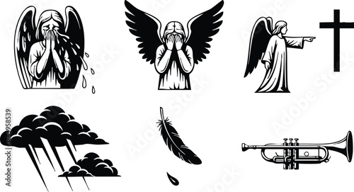 Line art icon set of crying praying and pointing angels with cross feather rain cloud and trumpet isolated on white background bold black silhouettes vector illustration