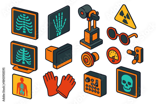 Vintage Radiology Collection. Isometric vector illustration set Vintage Radiology: medical X-ray plate, skeletal hand view,