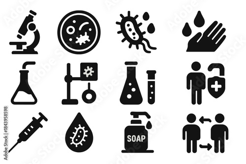 Germ Theory Icons. Solid style icons of germ theory revolution: microscope, Petri dish, bacterial cell, handwashing symbol,