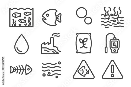 Coastal Pollution Icons. Line style icons of Coastal Pollution: Dead Zone, Fish Gill, Low Oxygen, Nutrient Overflow; Algae Bloom,
