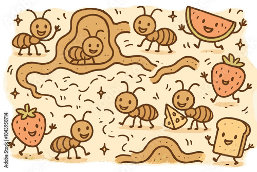 Joyful Ant Colony. Joyful doodle ant colony scene with smiling ants exploring, cartoon food sources waving, cheerful tunnels with