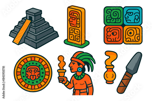 Mayan Symbols Collection. Isometric vector illustration set Mayan Glyphs: stepped pyramid, carved stela, glyph block symbols,