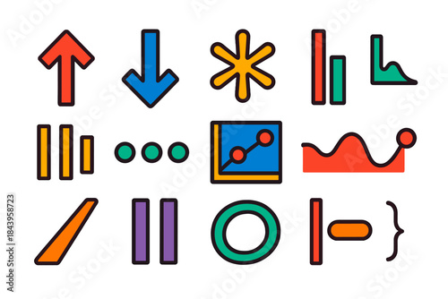 Prosody Icon Set. Flat vector icons of prosody: rising intonation arrow, falling intonation arrow, stress symbol, pitch range bar,
