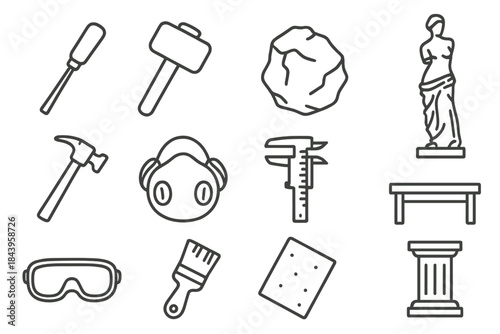 Sculpture Workshop Essentials. Line style icons of Sculpture Workshop: Chisel, Mallet, Raw Stone, Polished Statue; Hammer, Dust