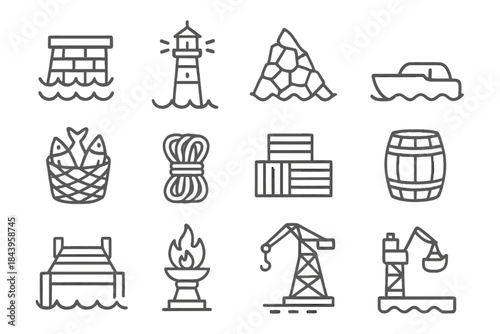 Harbor Line Icons. Line style icons of harbors: stone pier, lighthouse, breakwater, docked boat; fish basket, rope bundle, cargo