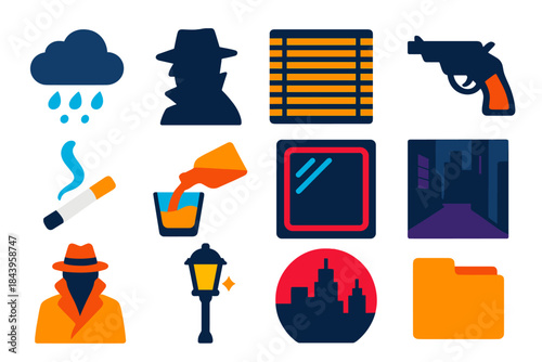 Noir Detective Icons. Flat vector icons of Noir Detective Motifs: rain cloud, shadow silhouette, blind slats, revolver shadow,