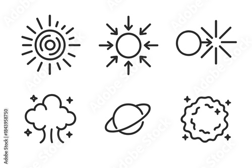 Supernova Nucleosynthesis Icons. Line style icons of Nucleosynthesis in Supernovae: stellar shockwave, iron core collapse,