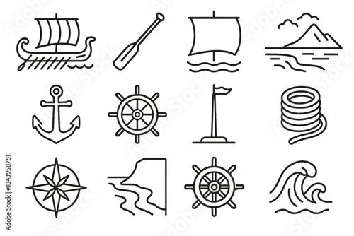 Ancient Seafaring Icons. Line style icons of ancient seafaring: trireme, oar, sail, distant land; anchor, rudder, mast, rope coil;