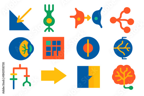 Vibrant Light Icons. Flat vector icons of light detection and signal processing: light ray, photoreceptor activation, synapse