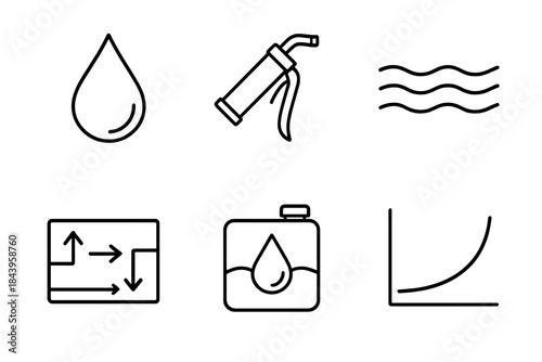 Lubrication Icon Set. Line style icons of Lubrication Engineering: oil droplet, grease gun, lubrication film layer, flow path