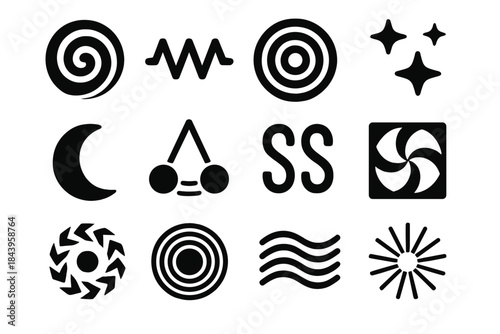 Hypnotic Symbols Icons. Solid style icons of Hypnotic symbols: spiral circle, zigzag line, concentric rings, floating stars,