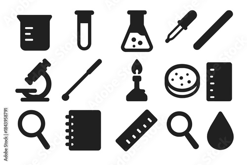 Laboratory Tools Icons. Solid style icons of laboratory tools and experimentation: beaker, test tube, flask, pipette, microscope,