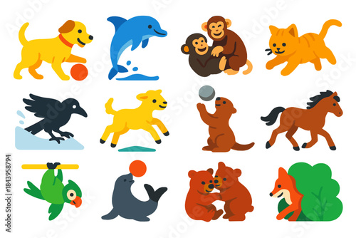 Playful Animal Icons. Flat vector icons of animal play: dog with ball, dolphin jumping, chimp tickling, kitten pouncing, raven