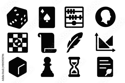 Probability and Gaming Icons. Solid style icons of history of probability and gaming: dice, playing card, abacus, coin, game board