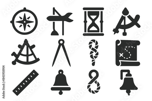 Seafaring Tools Icons. Solid style icons of Seafaring Tools: Compass, Log Line, Sandglass, Chip Log, Lead Line, Quadrant,