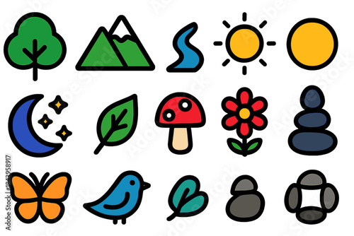 Nature Icons Set. Flat vector icons of Nature Connection: tree, mountain, river, sun, moon, stars, leaf, mushroom, flower,