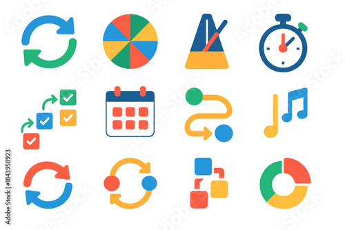 Repetitive Action Icons. Flat vector icons of repetitive action cycles: loop arrow, spinning wheel, metronome, checkmark sequence,