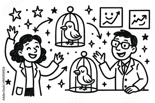 Joyful Lab Night. Joyful doodle nocturnal orientation lab with happy scientists, cartoon birds in cages with stars, smiling charts
