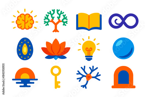 Mind Expansion Icons. Flat vector icons of Mind Expansion: radiant brain, fractal tree, open book, infinite spiral, cosmic seed,
