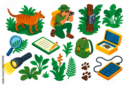 Species Rediscovery Icons. Isometric vector illustration set Species Rediscovery: thought-extinct creature, biologist observer,