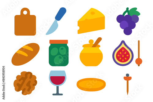 Cheese Platter Icons. Flat vector icons of Cheese Serving: cutting board, cheese knife, cheese wedge, grape bunch, bread loaf,