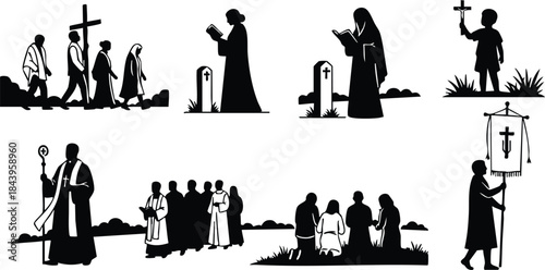 Silhouette vector composition eight church figures in procession carrying crosses and banners by graveside priests reading and praying side view high contrast black on white dramatic