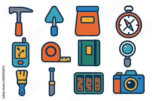 Geological Tools Icons. Flat vector icons of fieldwork and geological tools: geological hammer, trowel, sample bag, compass, GPS
