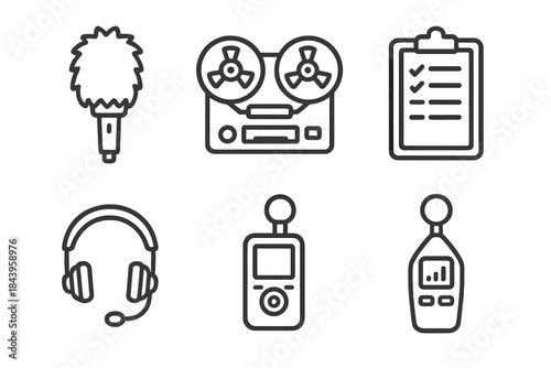 Field Recording Icons. Line style icons of Field Recording Techniques: microphone with windscreen, reel-to-reel recorder, field