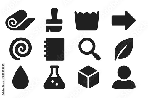 Textile Processing Icons. Solid style icons of textile processing and dyeing: fabric roll, brush, vat, arrow, spiral, notebook,