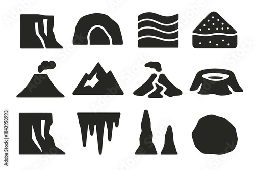 Geological Icons Collection. Solid style icons of geological formations: cliff, cave, rock layers, sediment, volcano cone,