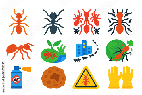 Invasive Ant Icons. Flat vector icons of invasive ants: fire ant, Argentine ant, red imported ant, swarm attack, stinging ant,