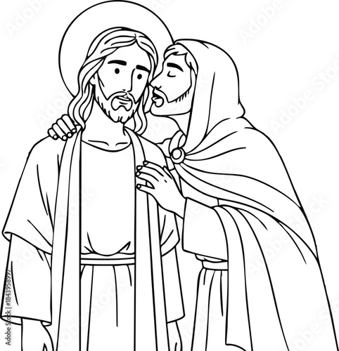 Line art vector close up of jesus christ and mary mother kissing his cheek halo robes simple outline religious iconography looking down minimalist black stroke isolated