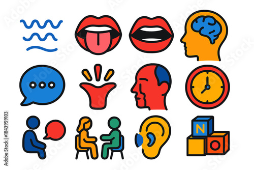 Speech Disorder Icons. Flat vector icons of speech disorders: stutter wave, lisp tongue, dysarthria mouth, apraxia brain, aphasia