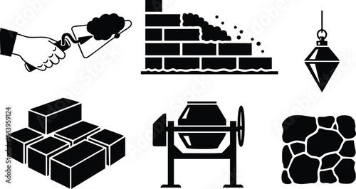 Flat icon construction masonry tool set with trowel laying mortar brick wall under construction plumb bob stacked bricks concrete mixer and stone wall silhouettes black vector