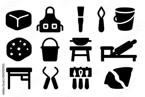 Ceramic Workshop Icons. Solid style icons of Ceramic Workshop: Clay Block, Apron, Brush, Carving Tool, Sponge, Bucket, Wooden