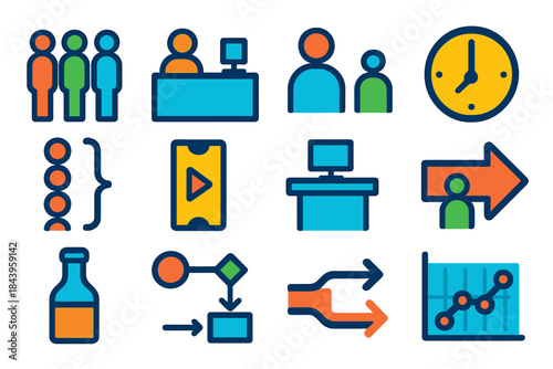 Queue Theory Icons. Flat vector icons of queueing theory elements: waiting line, service counter, customer icon, clock, queue